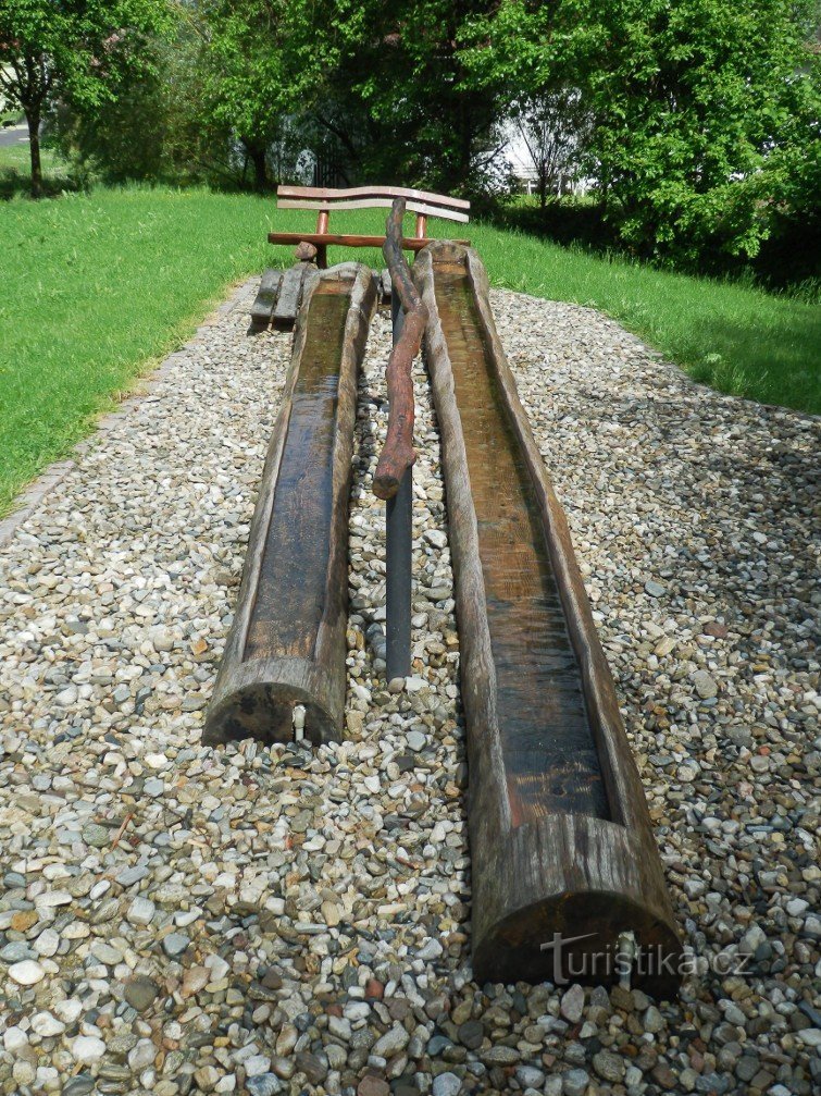 Máng rỗng làm bằng khúc gỗ linh sam được thiết kế để cò đi dạo
