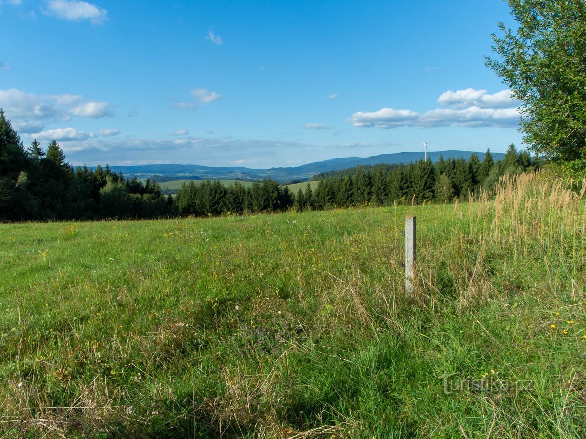 La vista dal seggio al di sotto dell'elevazione 683 sui monti Rychlebské e sulla volta di Keprnické