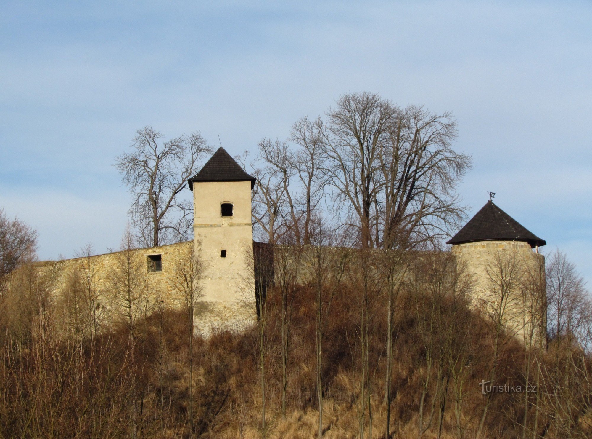 Άποψη του Κάστρου Brumovsk, της πόλης και των συνορευτικών Λευκών Καρπαθίων