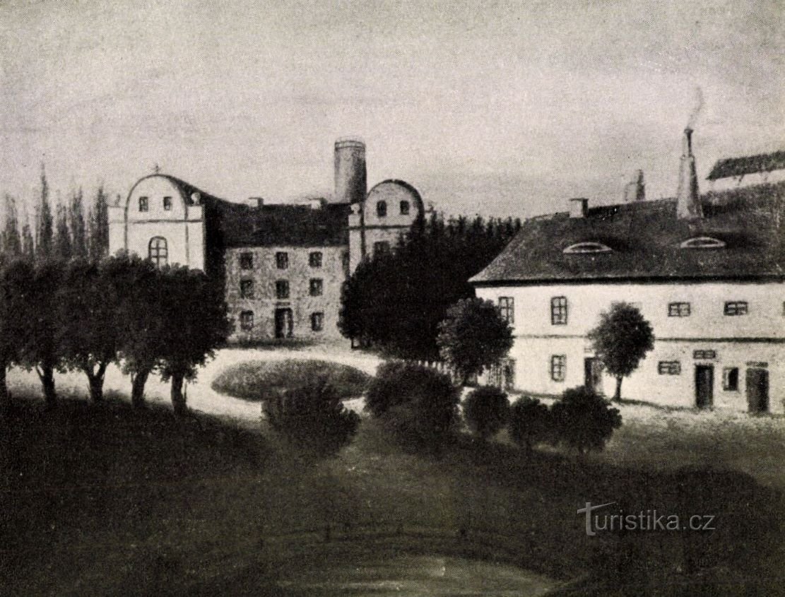 Apparition de la brasserie du manoir à Dolní Přím sur un tableau d'époque du tournant des XIXe et XXe siècles