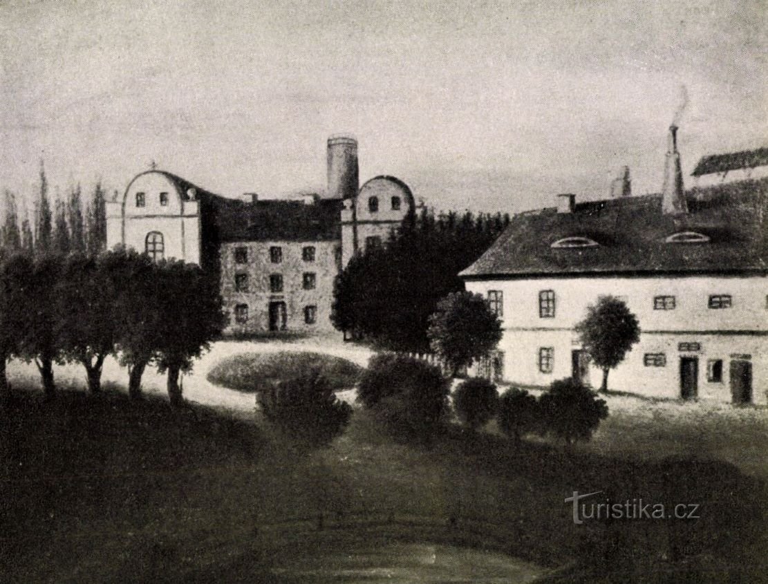 Darstellung der Gutsbrauerei in Dolní Přím auf einem zeitgenössischen Gemälde aus der Wende des 19. und 20. Jahrhunderts