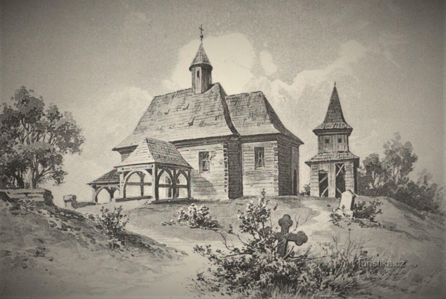 Aspectul bisericii originale de pe Orebe (Třebechovice pod Orebem, prima jumătate a secolului al XIX-lea)