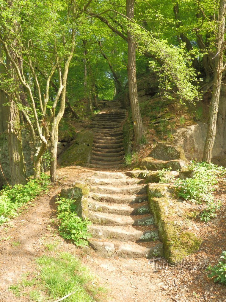 The beginning of the stairs. The next photos zoom in on the staircase step by step, from bottom to top.