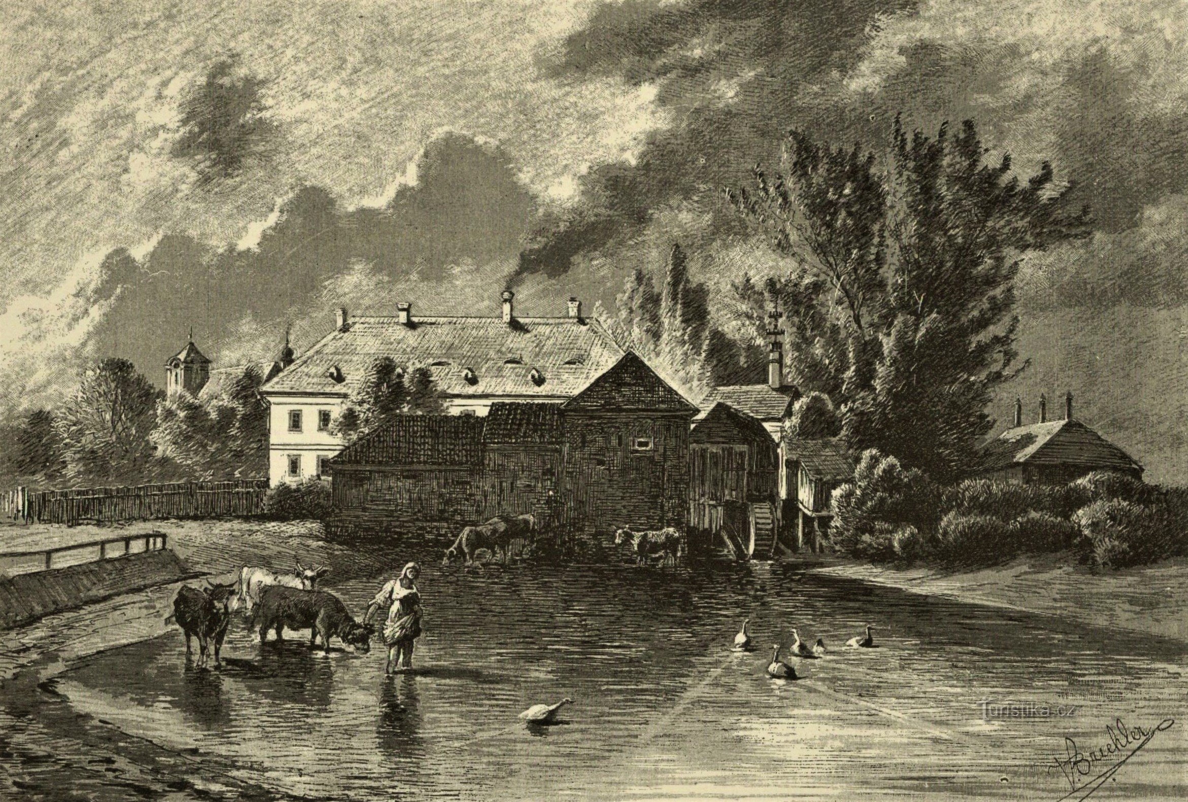 Un castillo con molino en Smidary en la segunda mitad del siglo XIX.