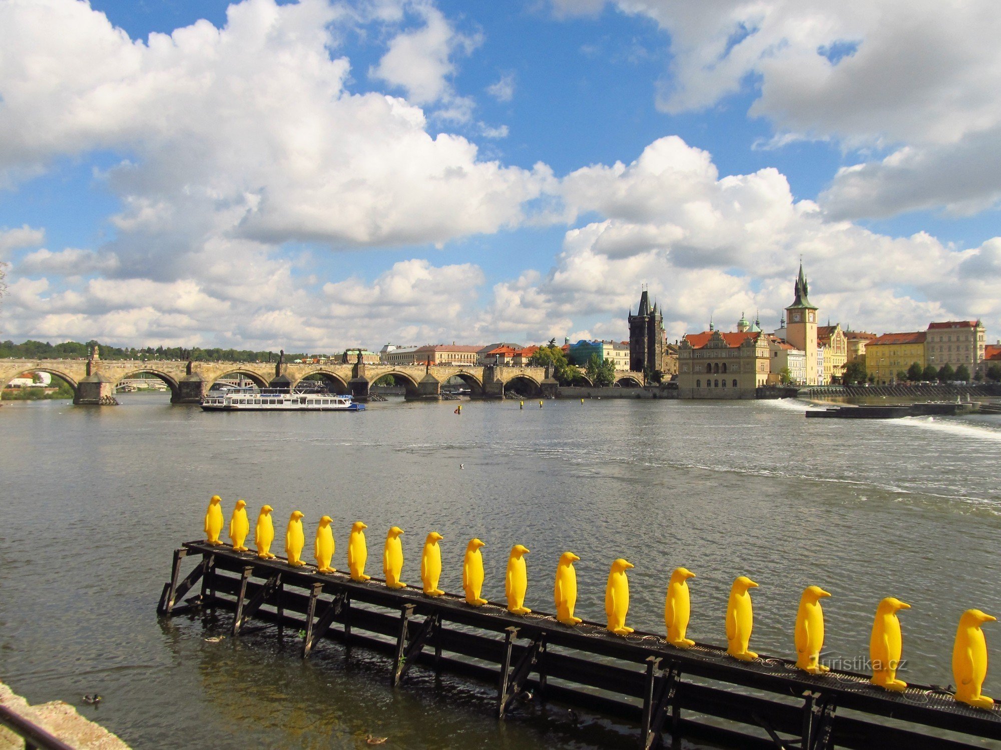 Pingouins en plastique jaune sur la rivière Vltava